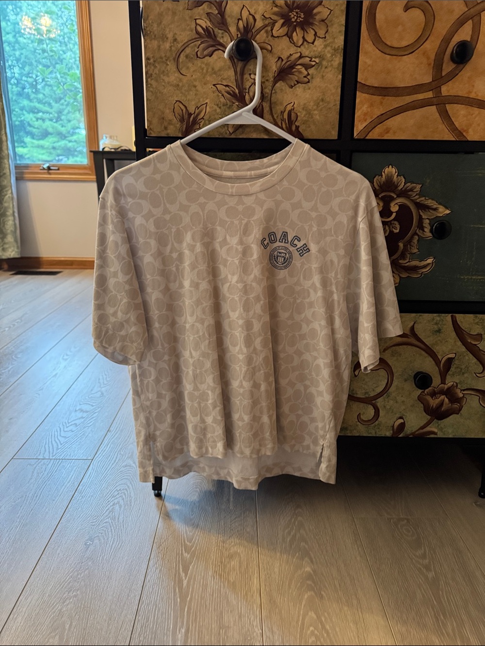 Coach Cream All-Over Monogram Tee with Blue Logo